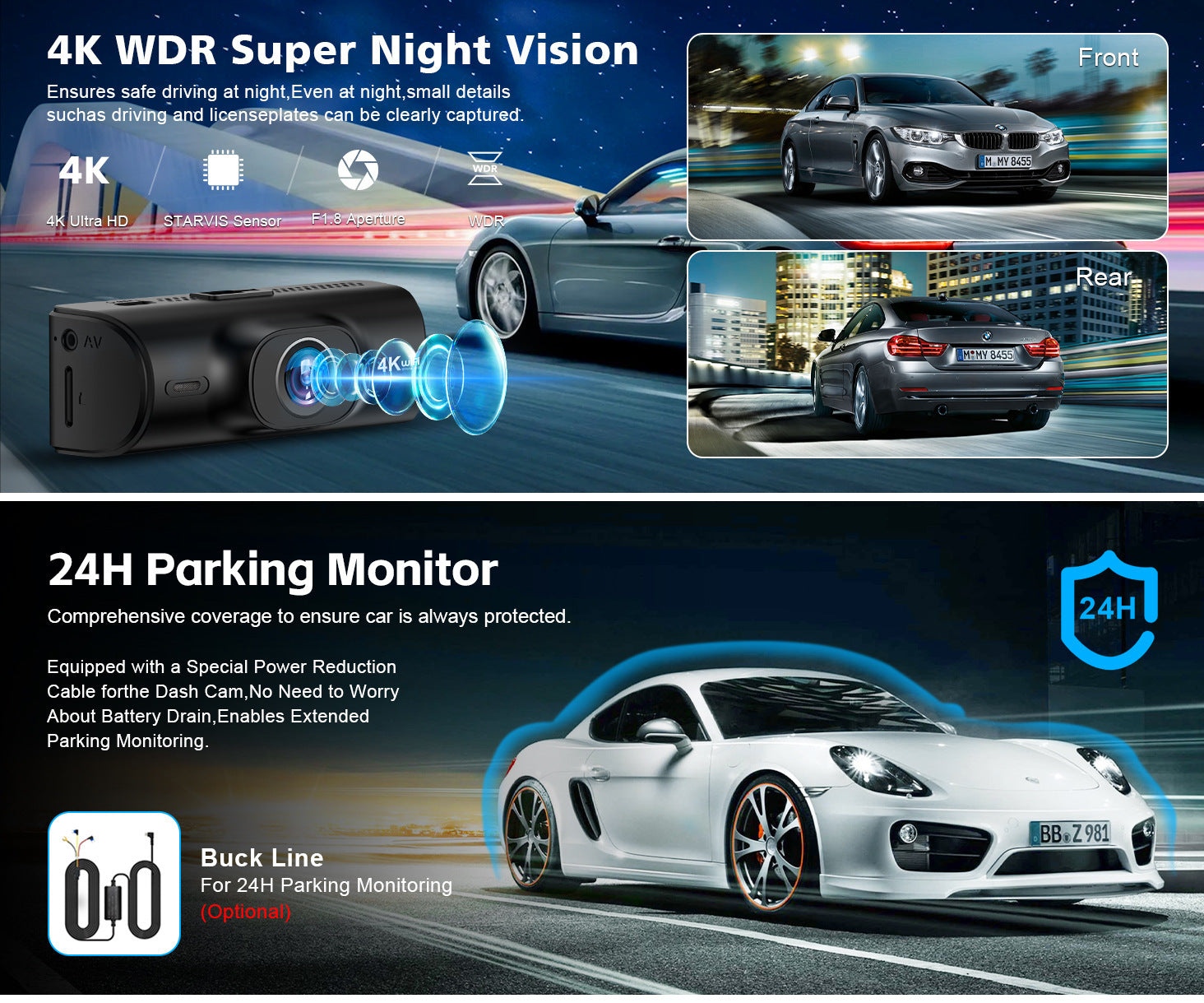 V27Hd4K Driving Recorder WiFi Mobile Phone Interconnection GPS Track Front and Rear Dual Recording Parking Monitoring