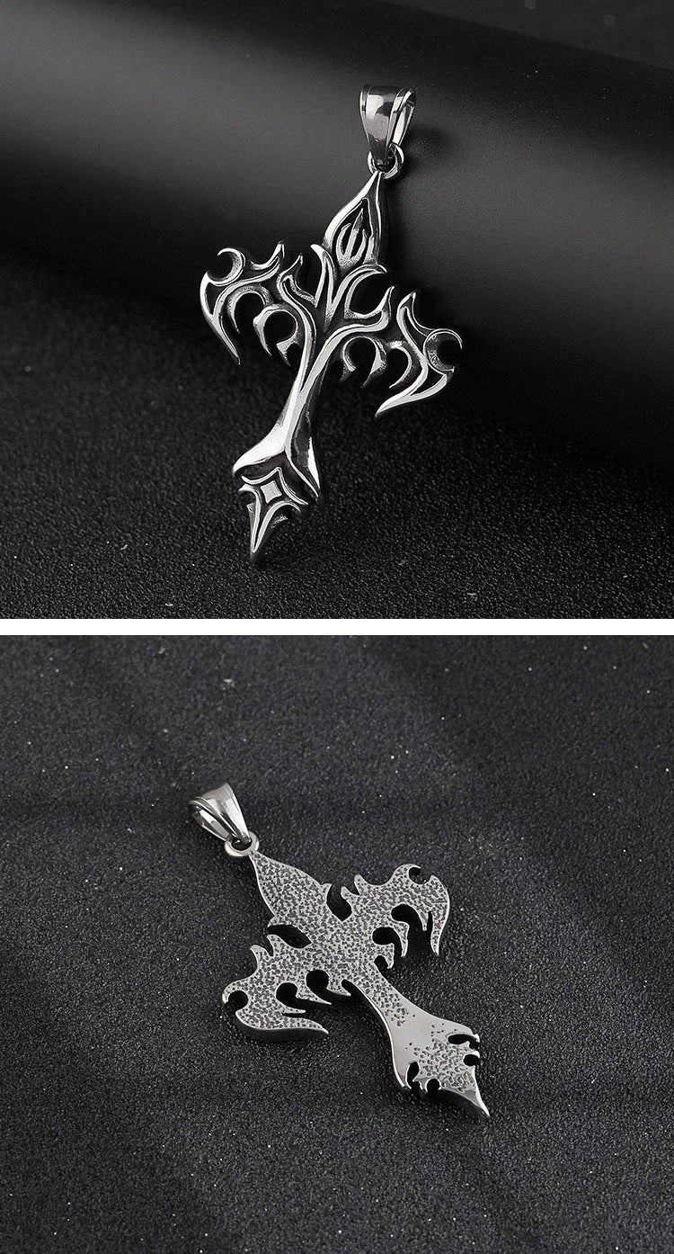 Hot Selling Men's Creative Cross Flame Pendant Punk Style Iron Warrior Stainless Steel Necklace Wholesale