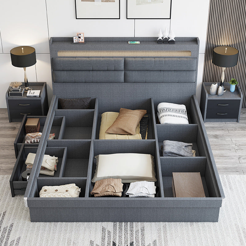 Factory Custom Tech Fabric Bed1.8Gray High Box Storage Bed for Bedroom Double Bed, No Paint Needed, Storage Artifact