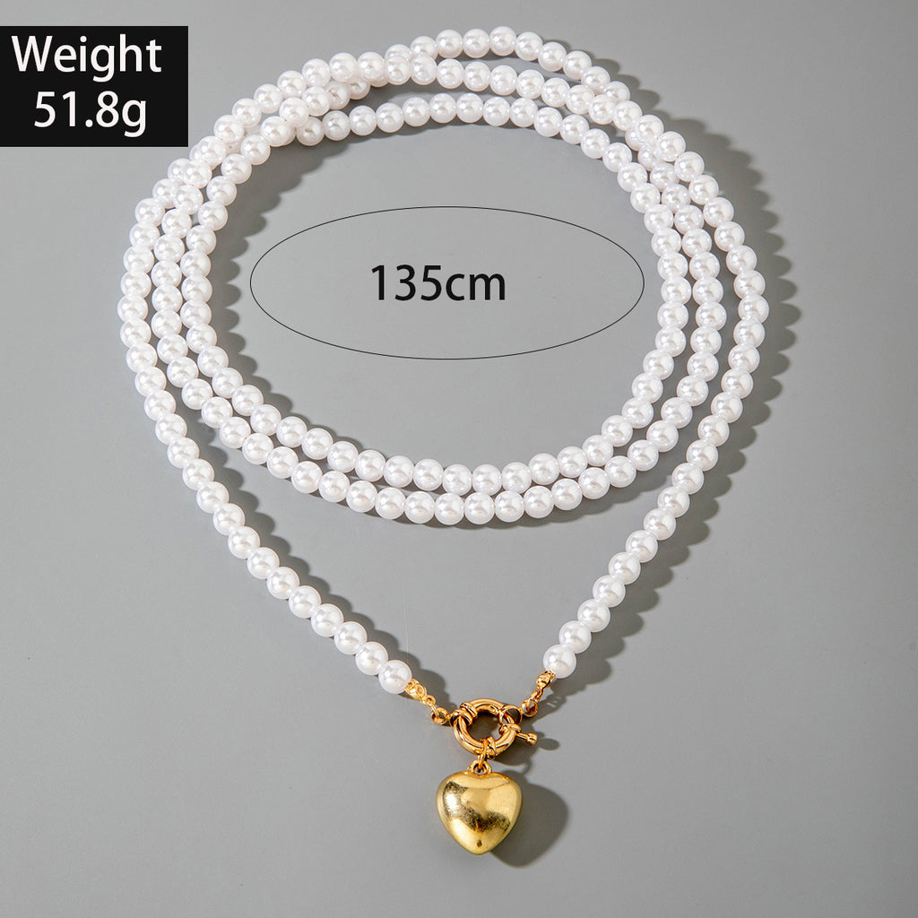 Ornament Layered Wear CCB Peach Heart Necklace Wholesale Baroque Metal Pendant Pearl Necklace