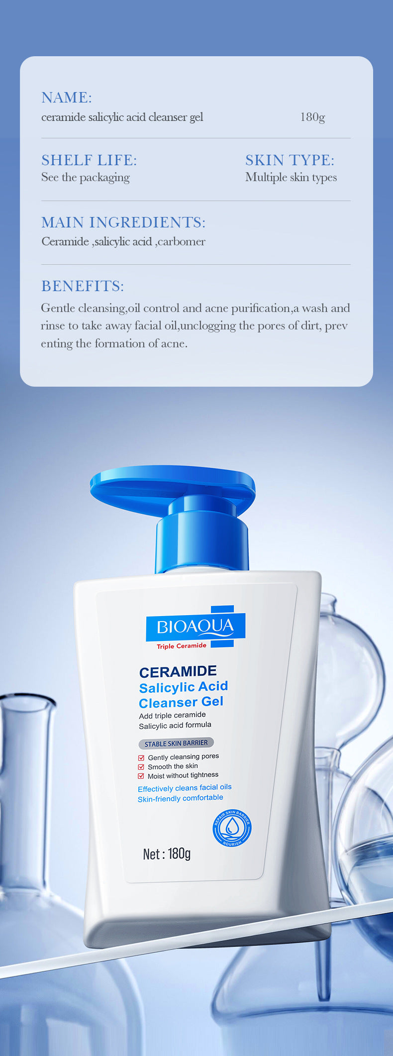 BIOAOUA Ceramide Salicylic Acid Cleansing Gel Cleansing facial cleanser  foreign trade wholesale