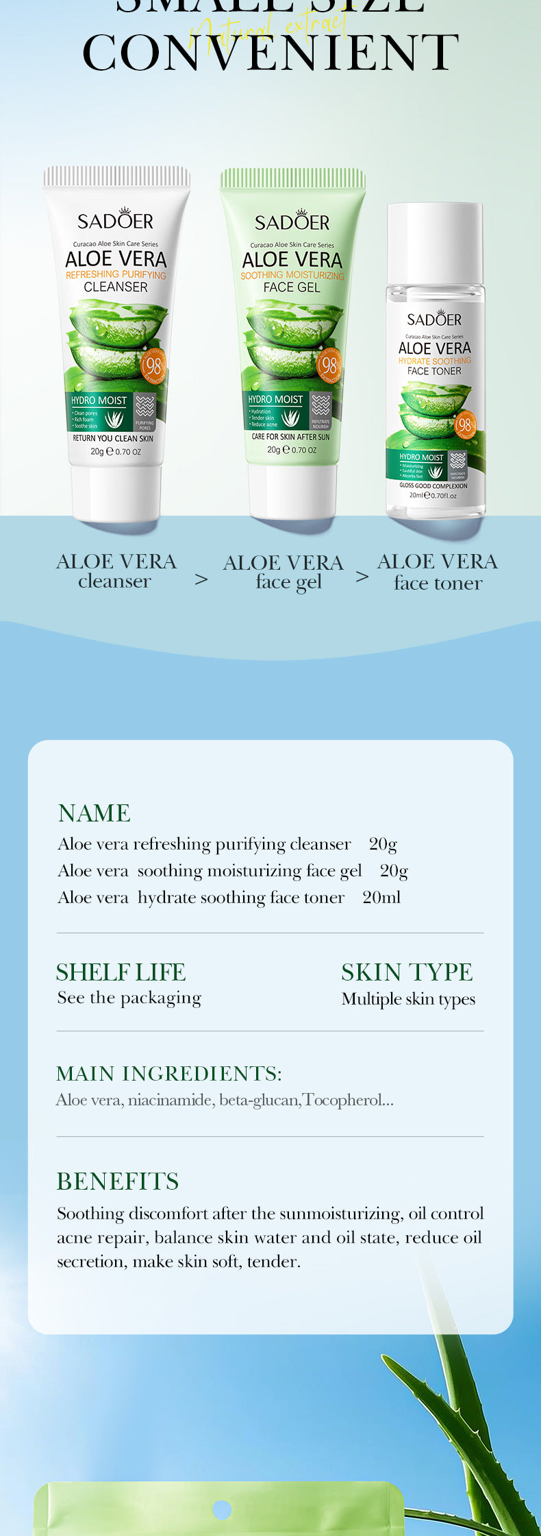 Full English Aloe Vera Travel Three-Piece Set SADOER Aloe Vera Gel Toner Facial Cleanser  Wholesale