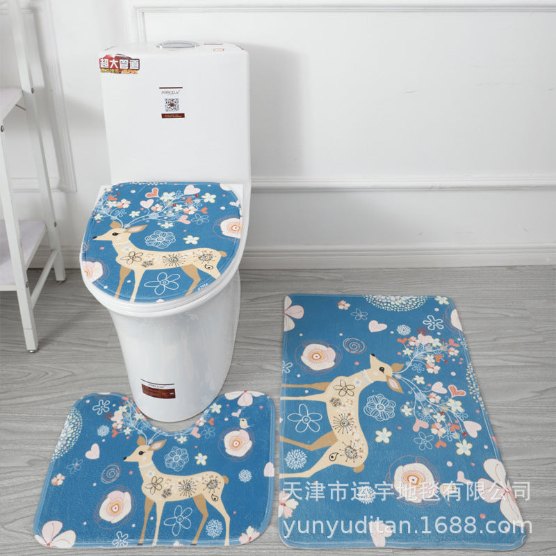 Coral Fleece Toilet Three-Piece Set Bathroom Mat Flannel Water Absorption Non-Slip Foot Mat Manufacturer Label