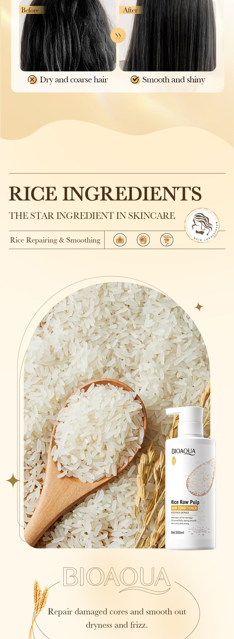 Rice Puree Hair Conditioner500mlBIOAOUA Repair Smooth Improve Frizz Cross-Border Wholesale