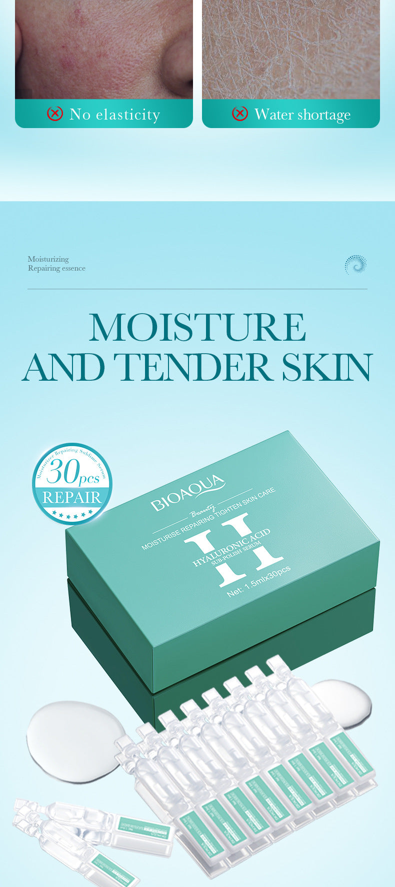 Hyaluronic Acid Moisturizing Ampoule Serum BIOAOUA Hydrating and Moisturizing Essence Liquid Cross-Border Wholesale