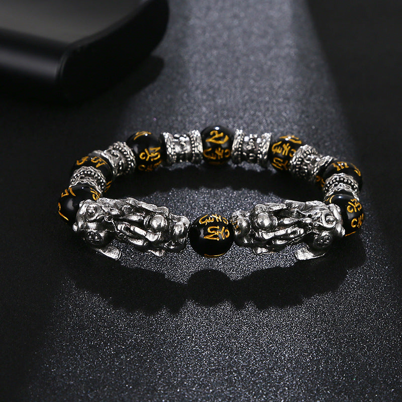 Imitation Obsidian silver Pixiu Bracelet for Women, Wealth-Attracting and Blessing Multi-Gem Bracelet with Six-Word Mantra Buddhist Beads Pixiu Bracelet