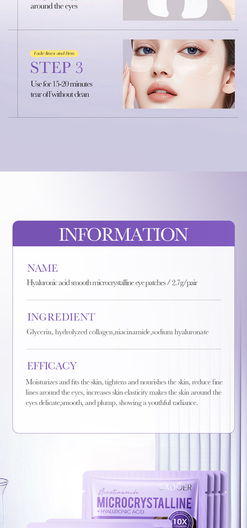 Hyaluronic Acid Microcrystalline Eye Wrinkle Patches SADOER Reduce Eye Fine Lines Eye Mask Cross-Border Wholesale