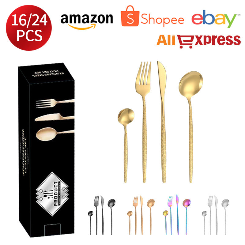 Stainless Steel Cutlery Western Knife Fork Spoon Restaurant Steak Knife Fork Hammer Pattern Portugal24Set