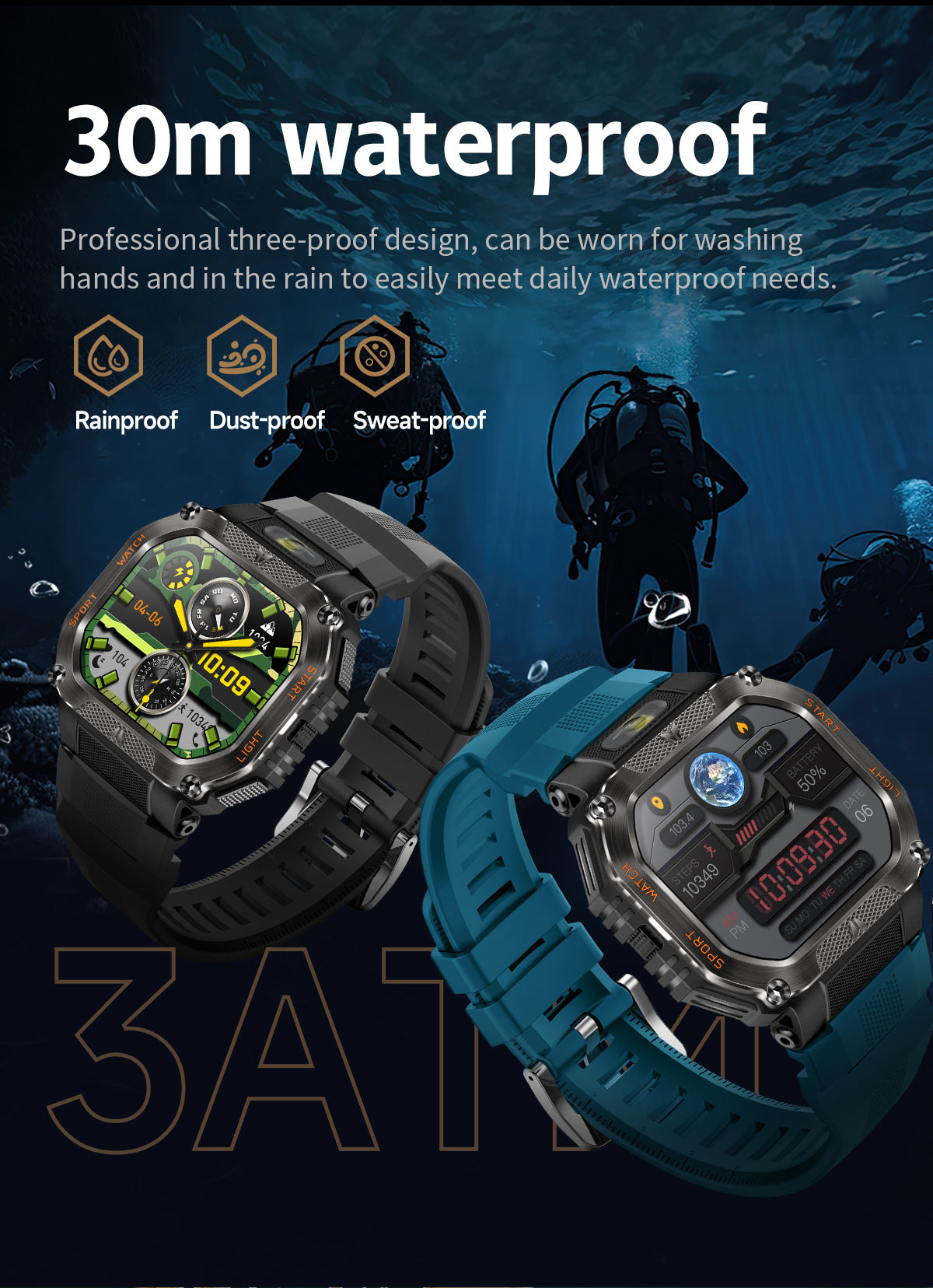 HT34Smart Watch Bluetooth Call True Heart Rate Step Sleep Monitoring3ATM Waterproof Outdoor Sports Three-Proof