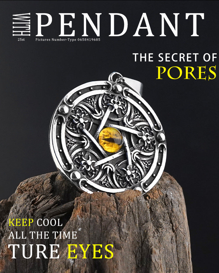 Vintage Stainless Steel Men's Pendant Personality Round Pentagram Demon Eye Titanium Steel Necklace Wholesale