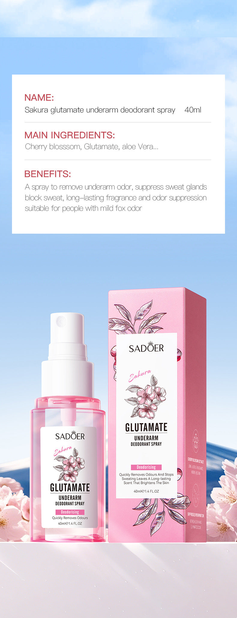 Full English Sakura Underarm Fragrance Spray SADOER Underarm Antiperspirant Spray  Wholesale