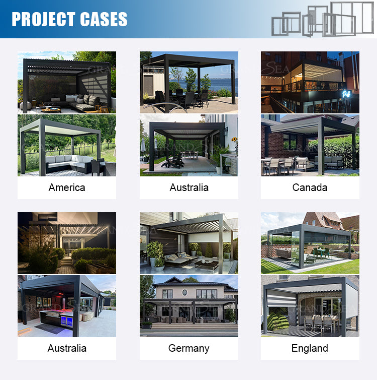 Outdoor Garden Motorized Louvered Roof System Bioclimatic Pergola Outdoor Aluminum Pergola With Sliding Glass Door and Louvered