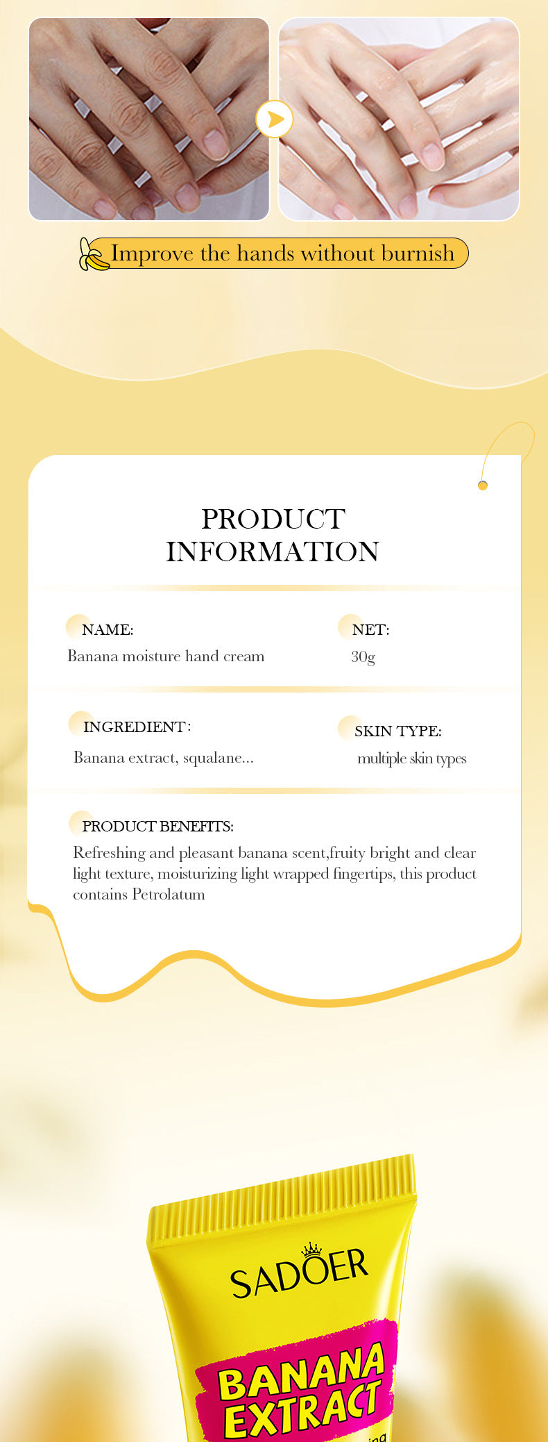 Full English Banana Hydrating Hand Cream30g SADOER Moisturizing and anti-chapped autumn and winter hand cream  wholesale