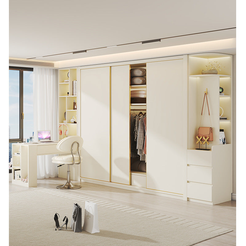 E0European Pine Board Warm White Sliding Door Wardrobe Desk Integrated Set Cream Style Bedroom Home Solid Wood Large Wardrobe