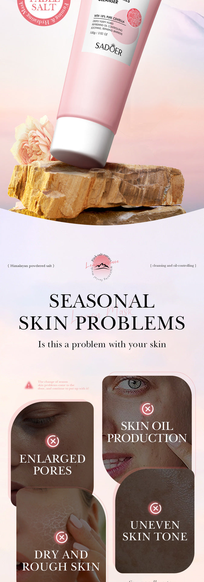 Himalayan Pink Salt Facial Cleanser SADOER Pore Cleansing Facial Cleanser Cross-Border Wholesale