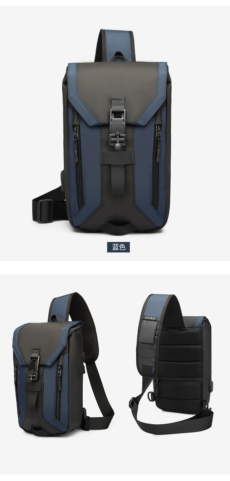 OZUKO Men's Chest Bag Trendy Brand USB Crossbody bag, water-resistant, lightweight, large capacity, single shoulder bag, outdoor chest bag
