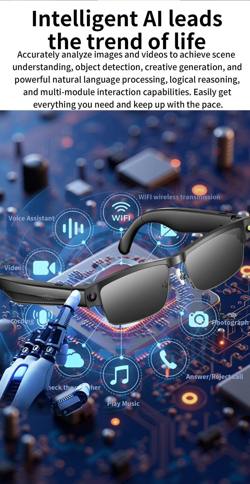 L802Smart Glasses800100 Megapixel Camera with Image Stabilization1200P Video Recording Half Frame Color Changing Sunglasses Translation