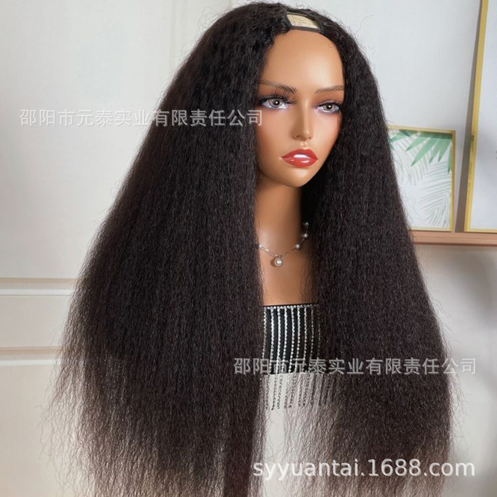 Black Fluffy U Long Straight Wig yaki Wig Hair Clip Half Wig U Part Yaki Wig