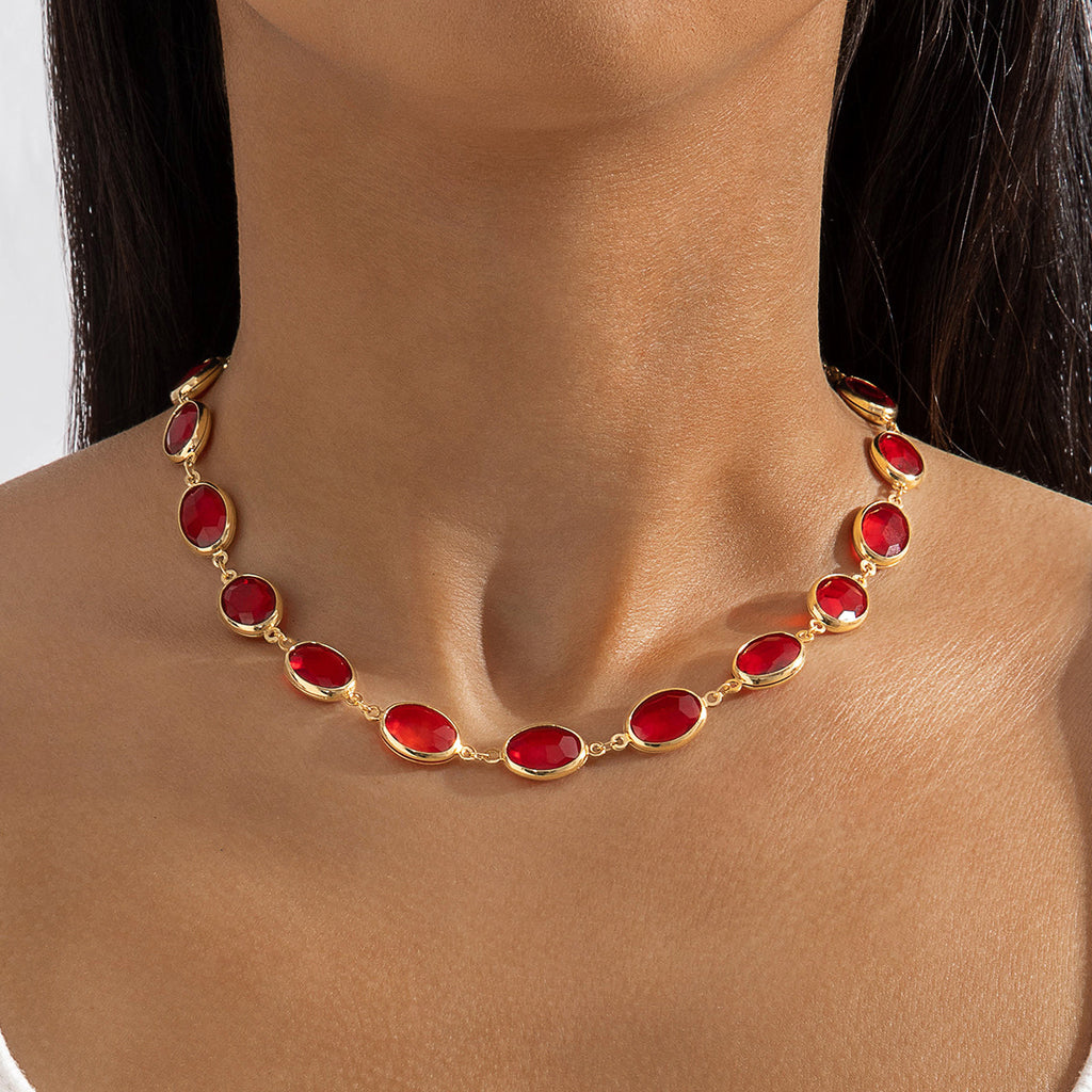 European and American Jewelry Red Diamond Cross Pendant Pearl Necklace Geometric Oval Red Diamond Necklace Wholesale