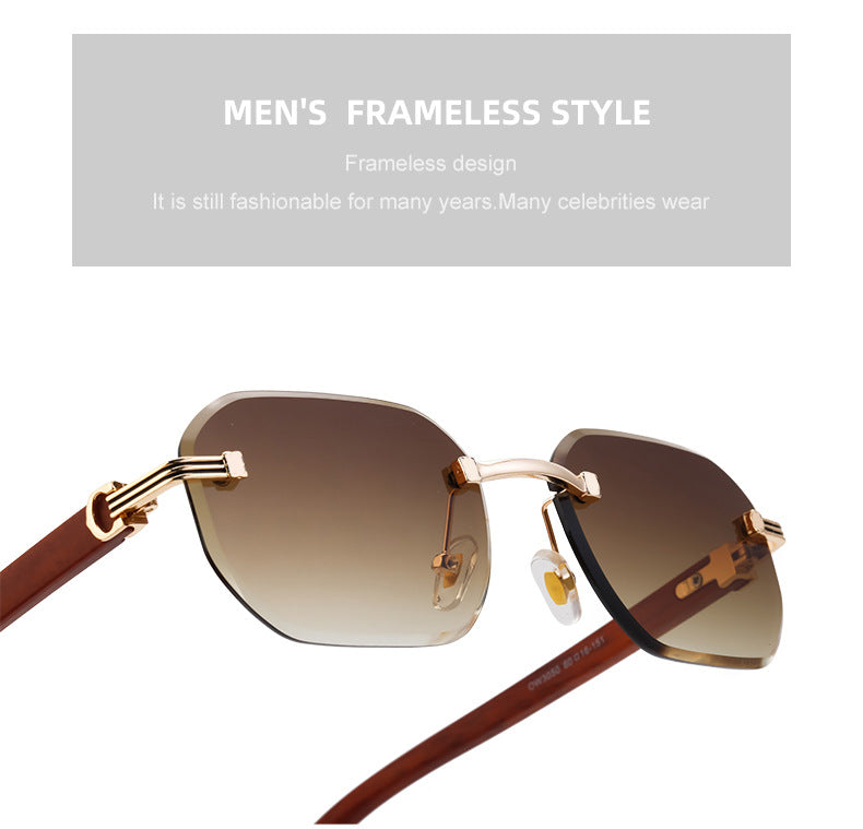 Frameless Glasses for Men High-End European and American Retro Imitation Wood Grain Temple Sunglasses UV Protection Personality Sunglasses