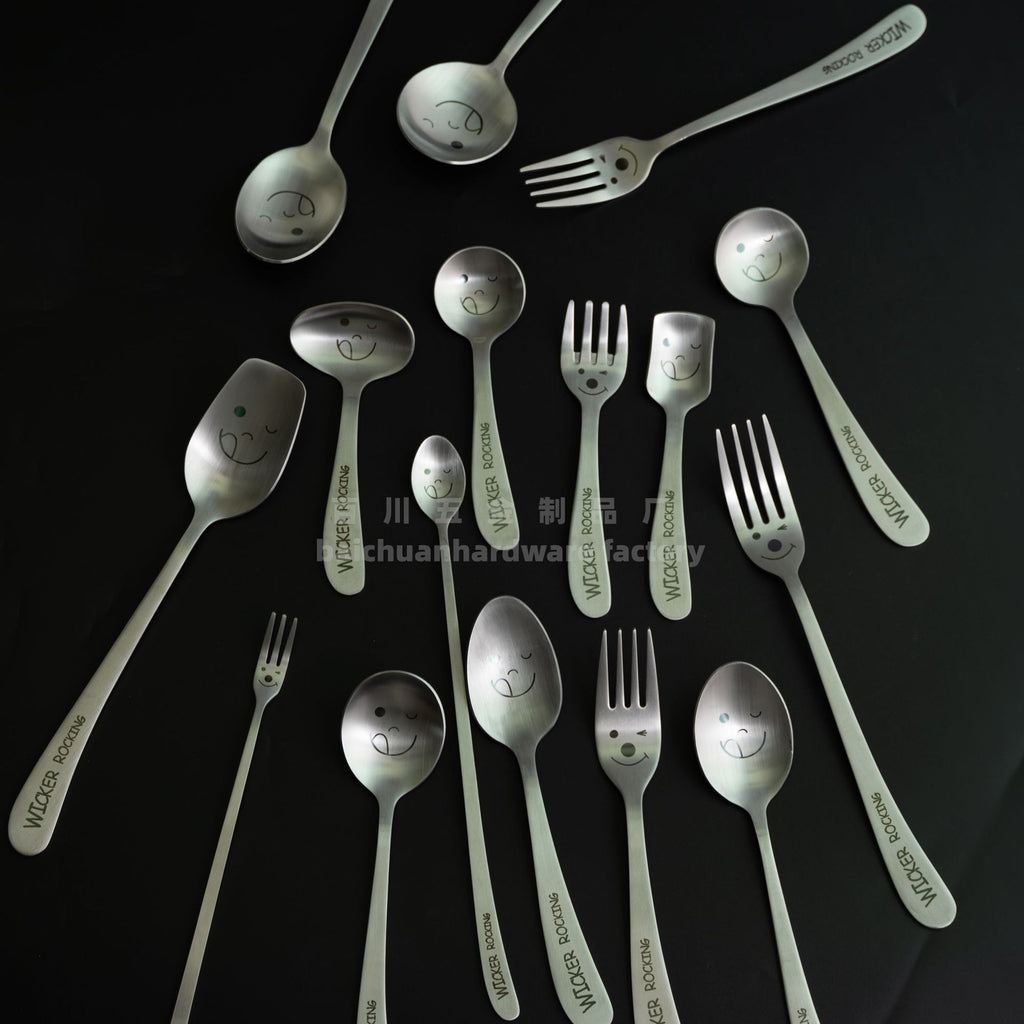 304Stainless Steel Creative Smiley Face Slanted Handle Laser Spoon Chopsticks Fork Student Tableware Full Set Gift Children's Tableware