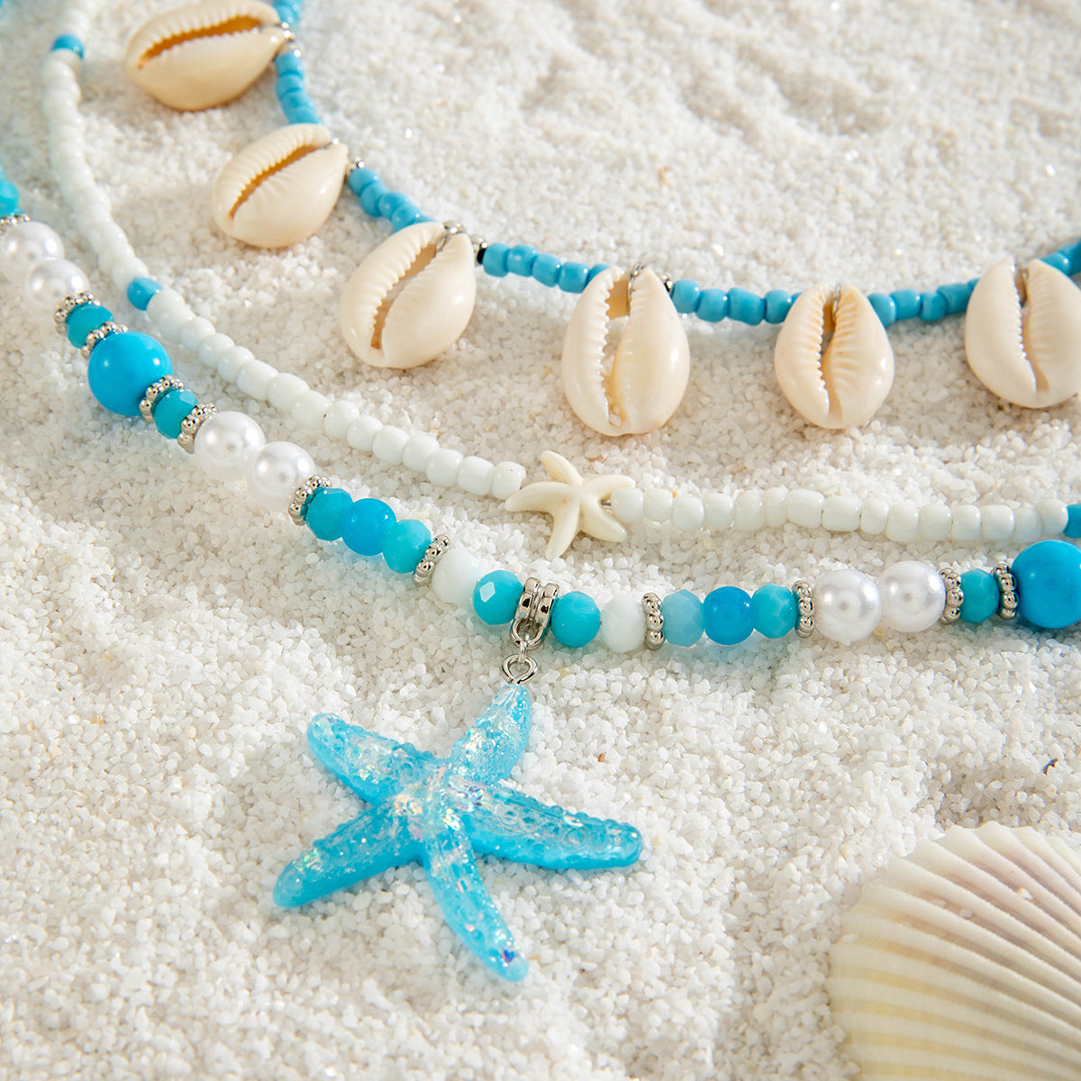 Jewelry Beaded Necklace Beach Imitation Pearl Necklace Starfish Shell Retro Vacation Small Multi-layer Necklace for Women
