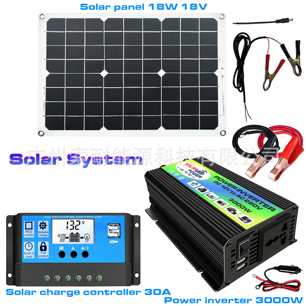 12V Solar Energy Kit System：Inverter 30A Controller 18W Solar Panel Solar System