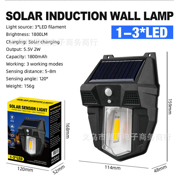 New Solar Light Outdoor Garden Light Human Body Sensing Tungsten Wall Light Garden Villa Street Light Waterproof