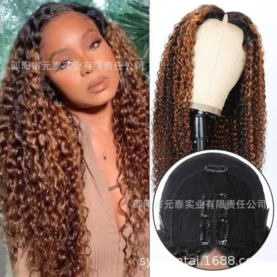 13X4 Highlight Curly Frontal Wig Honey Brown Synthetic Wigs