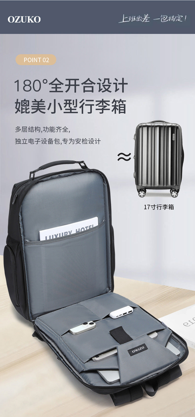 OZUKO Business Backpack Men's Commuting Computer Backpack Waterproof Large Capacity Business Travel Portable Men's Bag