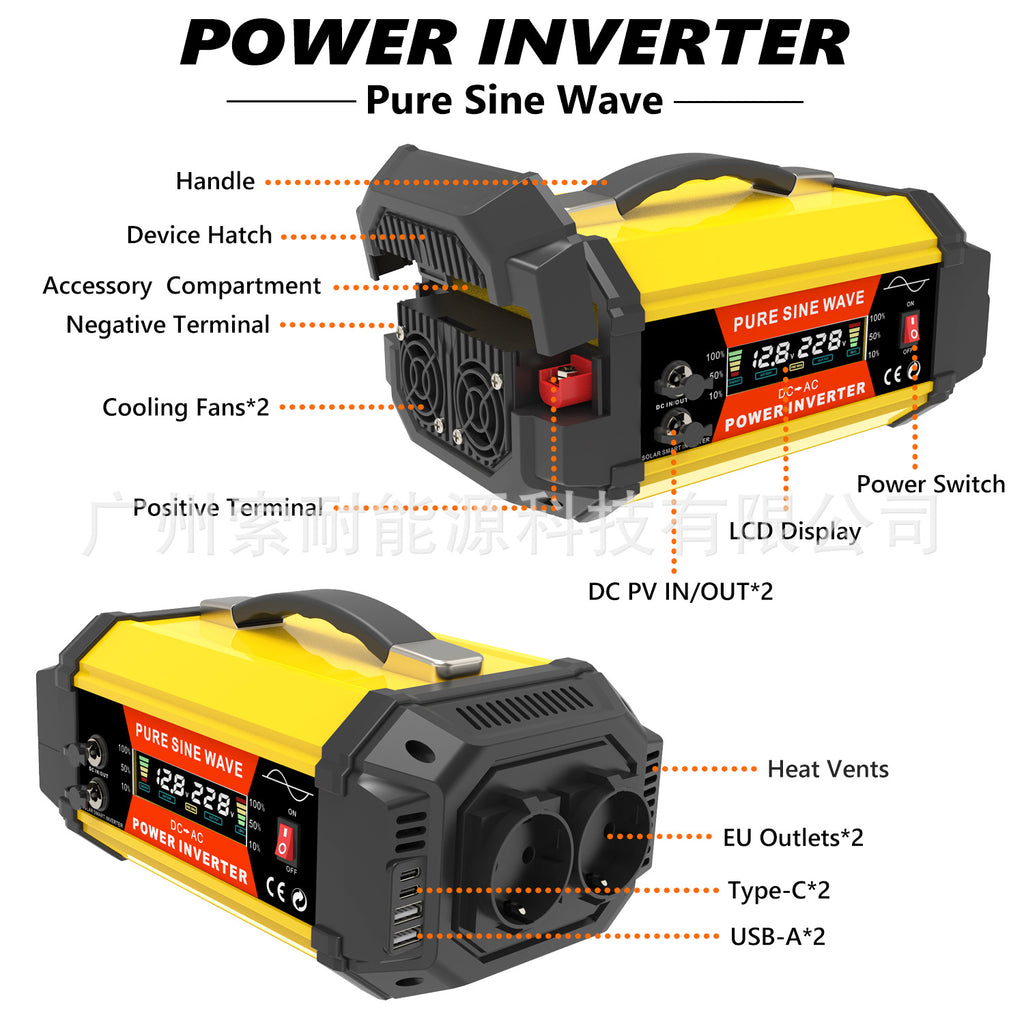 European standard socket pure sine wave inverter500W/800W/1000W 12V Turn230V Double USB Double Type-C