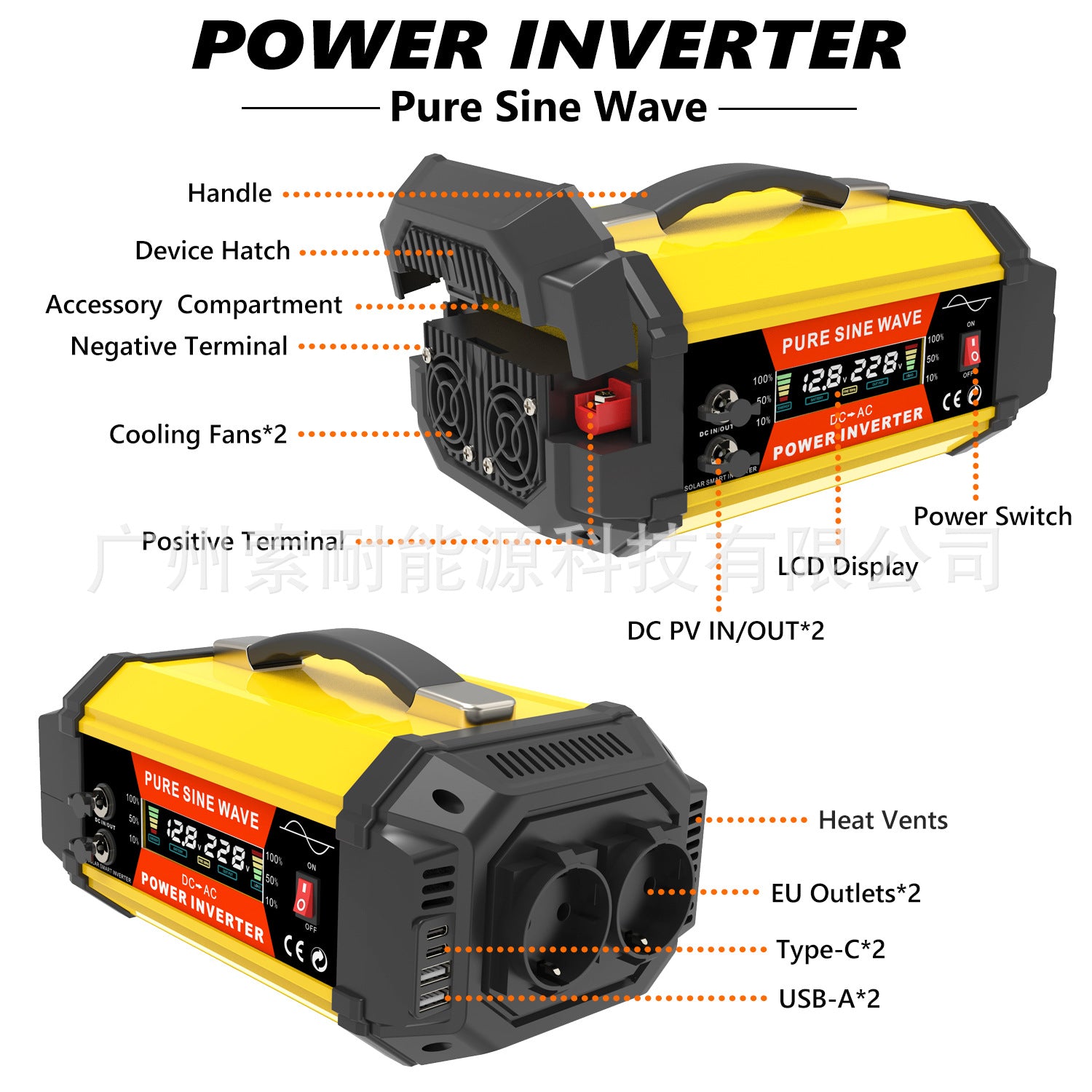 European standard socket pure sine wave inverter500W/800W/1000W 12V Turn230V Double USB Double Type-C