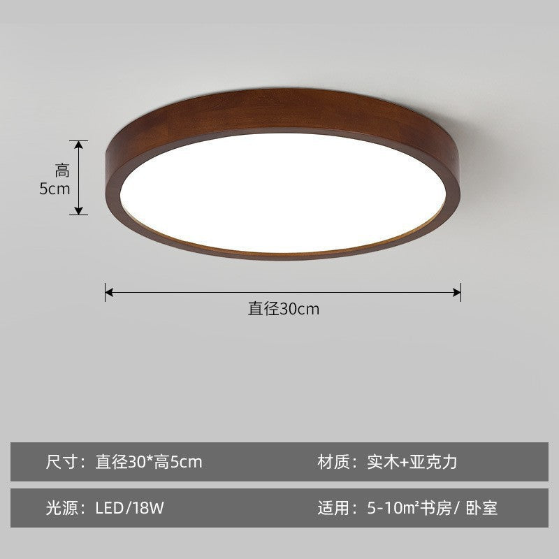 New Chinese Style Ceiling Light for Bedroom, Round Modern Simple Walnut Color Solid Wood Nordic Room LED Lamp