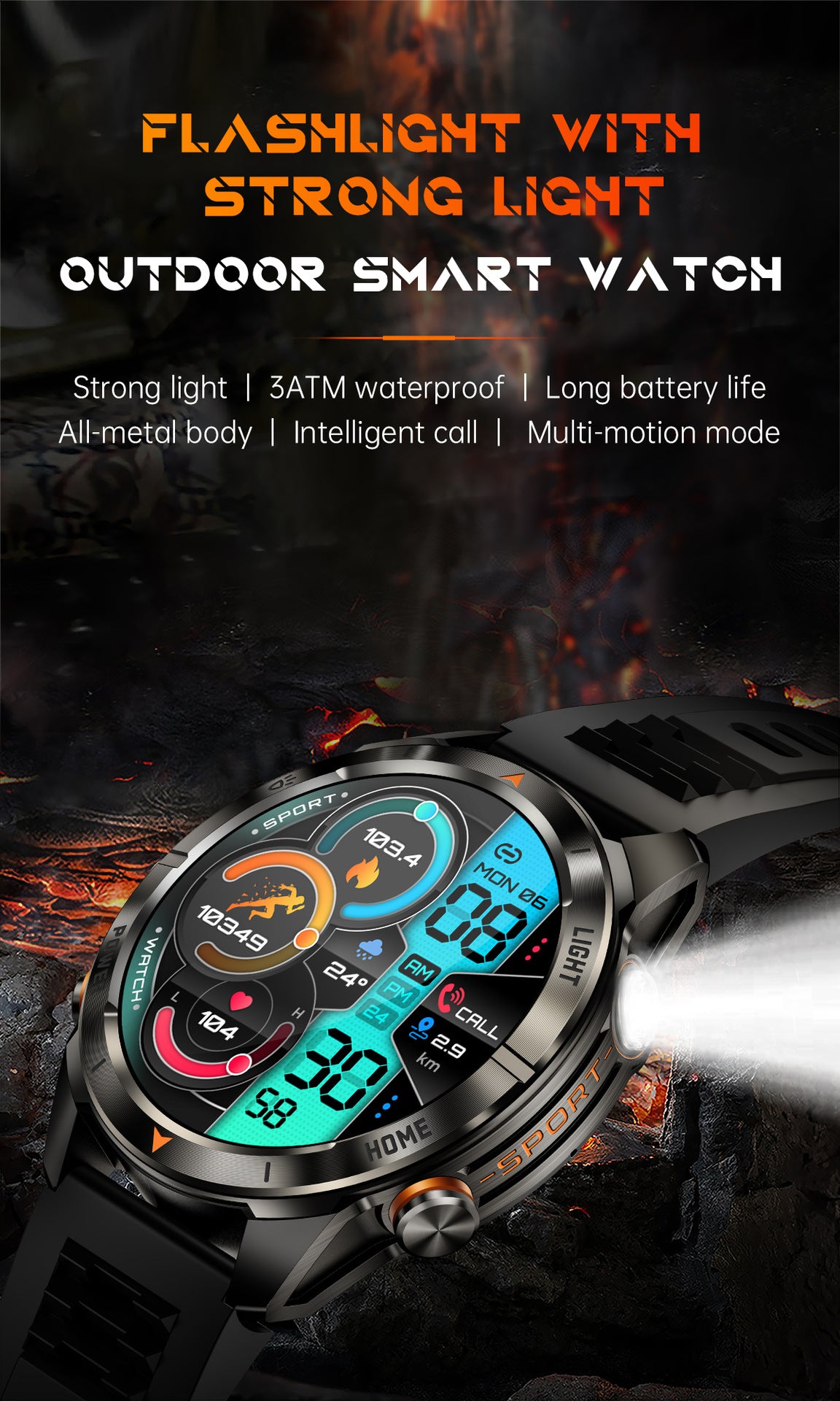 KT80Smart Watch Bluetooth Call True Heart Rate Step Sleep Monitoring IP68Deep Waterproof Flashlight Three-Proof