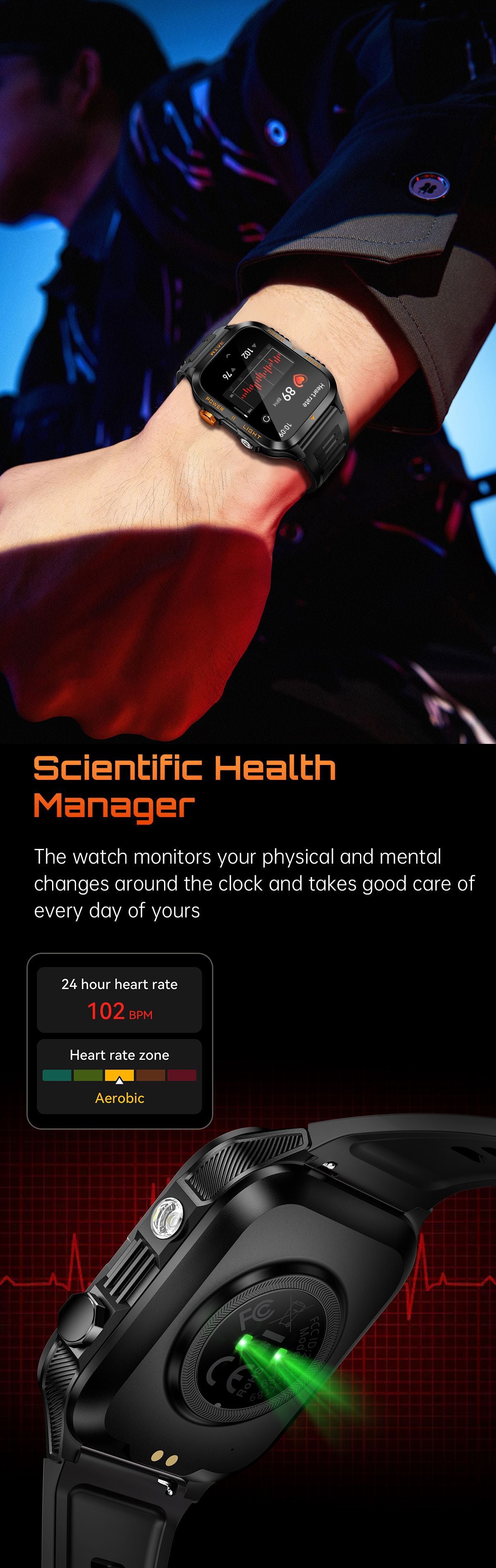 KT89Smart Watch Bluetooth Call True Heart Rate Step Sleep Flashlight Deep Waterproof Three-Proof Sports Reminder