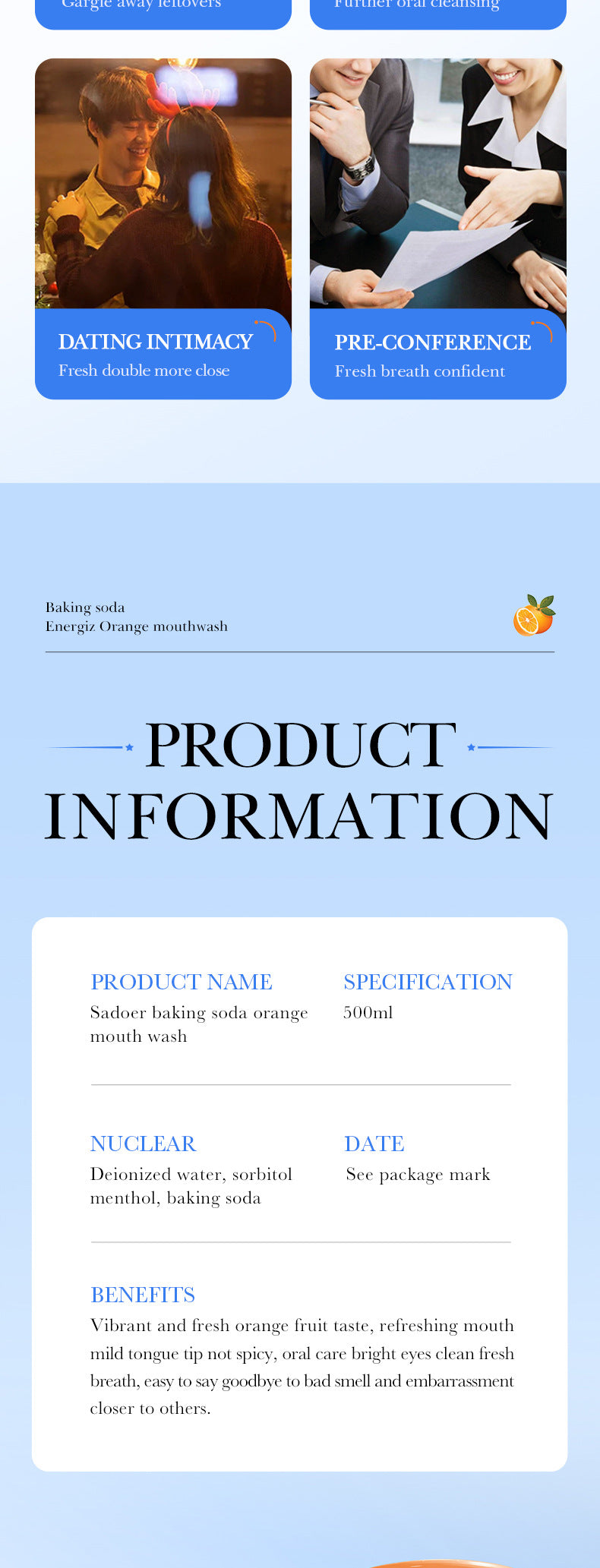 Fruit Mouthwash SADOER Fresh Orange Baking Soda Tooth Stain Remover Mouthwash Bottle Cross-Border Wholesale