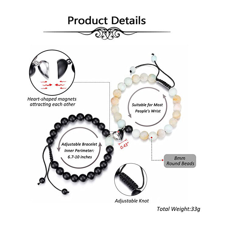 Heart-shaped Woven White Pine Matte Bracelet Natural Stone Beaded Couple Heart Magnetic Clasp Woven Bracelet
