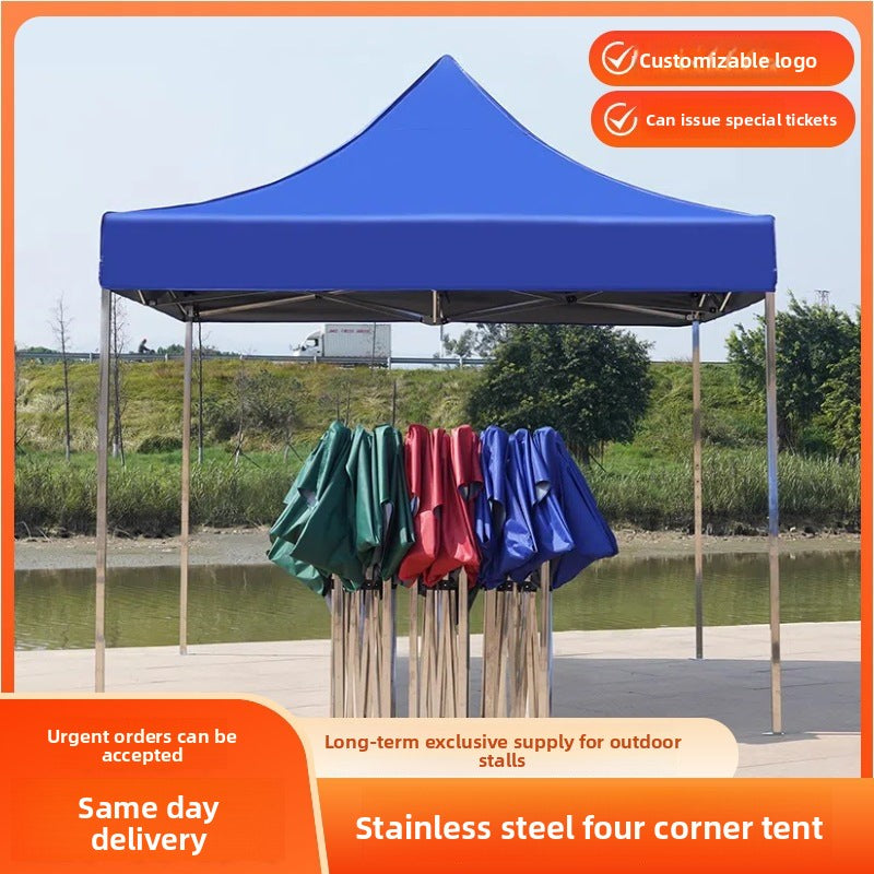 Thickened Stainless Steel Four-Corner Tent Outdoor BBQ Night Market Stall Use Rain Shelter Windproof Sunshade Portable Folding Large Umbrella