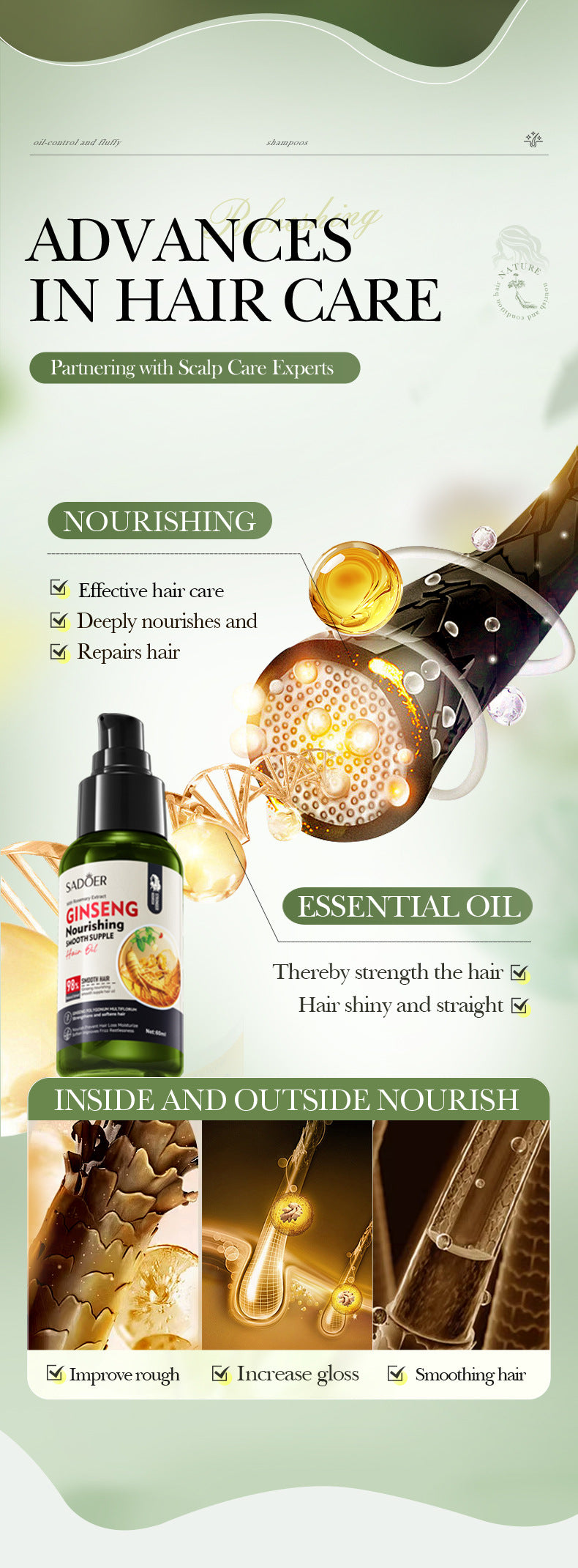 Ginseng and Polygonum Multiflorum Smooth Hair Care Essential Oil60ml SADOER Nourishing Silky Smooth Hair Wholesale