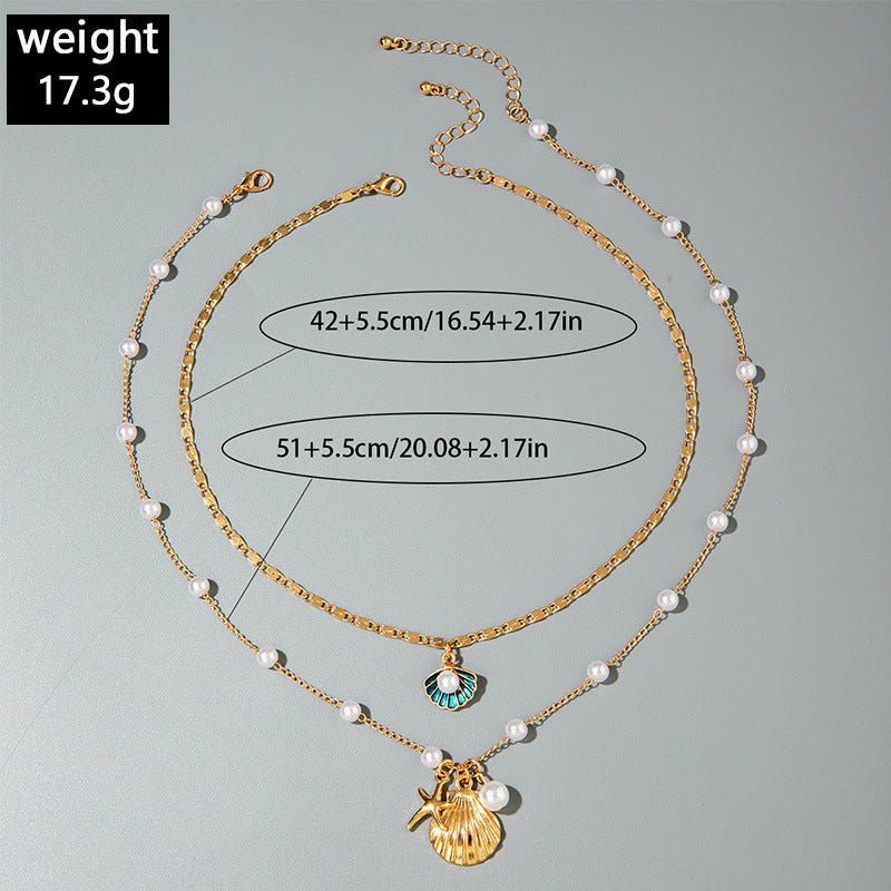 Jewelry Beaded Necklace Beach Imitation Pearl Necklace Starfish Shell Retro Vacation Small Multi-layer Necklace for Women
