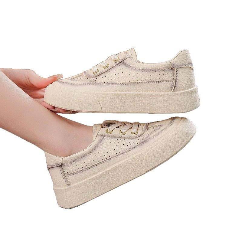 2025Spring and Summer New Hollow Breathable Lightweight White Shoes for Women Versatile Soft Sole Sports Thick Sole Casual Sneakers