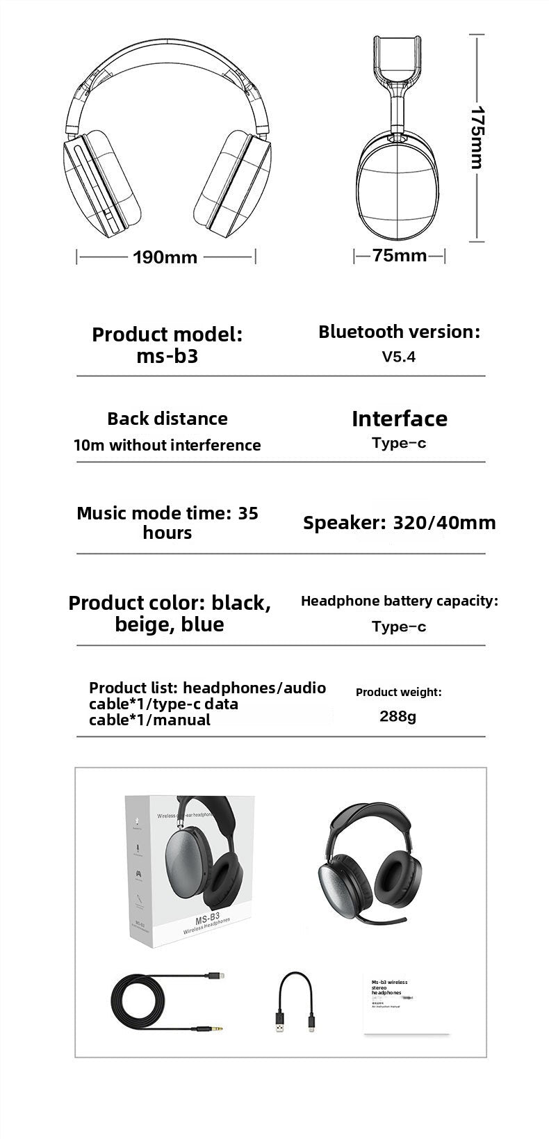 New Wireless Bluetooth Headset Head-mounted Music E-sports Game Long Battery Life Head-mounted Telephone Bluetooth5.4