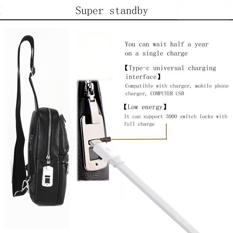 Fingerprint Unlock Men's Bag Genuine Leather Single Shoulder Crossbody Bag Top Layer Cowhide Casual Large Capacity High-end Chest Bag Anti-theft Bag
