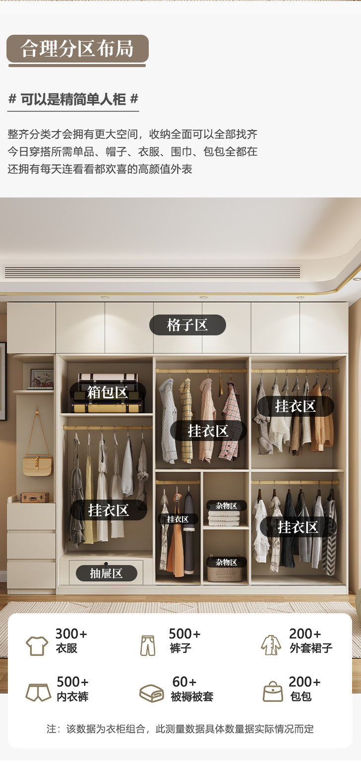 Cream Style Sliding Door Wardrobe Modern Simple Bedroom Home Use Sliding Door Cabinet Light Luxury Sliding Door Coat Wardrobe