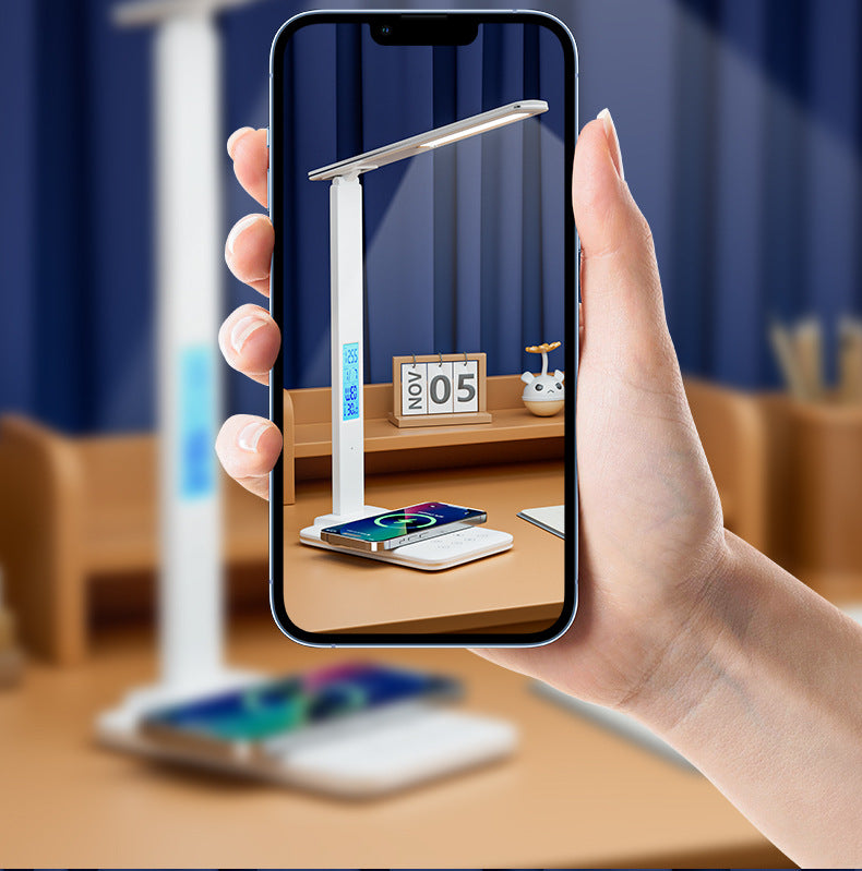 Folding desk lamp for study, multifunctional LED Eye Protection Lamp Desktop Smart15W Wireless Charging Reading Light Alarm Clock