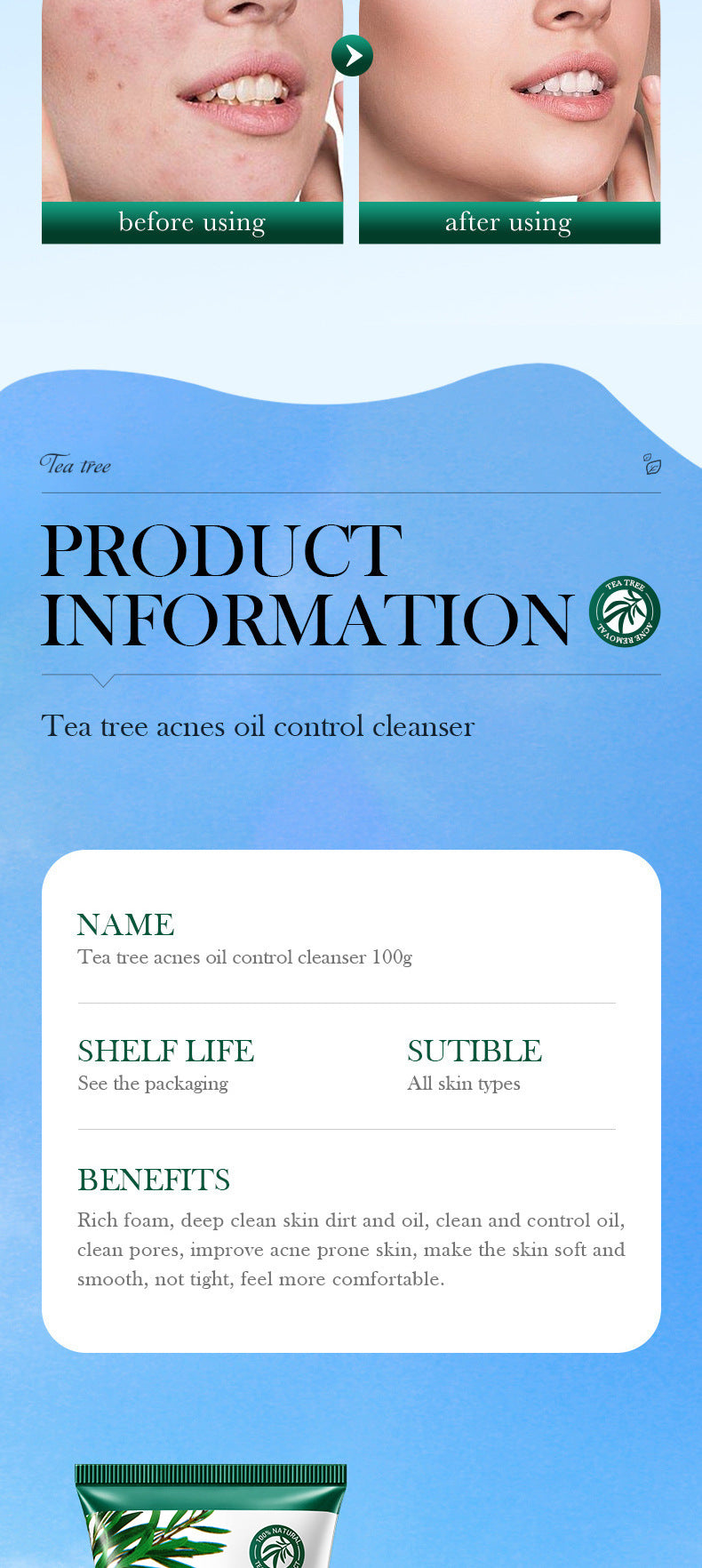 Full English Tea Tree Facial Cleanser100gSADOER Deep Cleansing Moisturizing Refreshing Cleanser  Wholesale