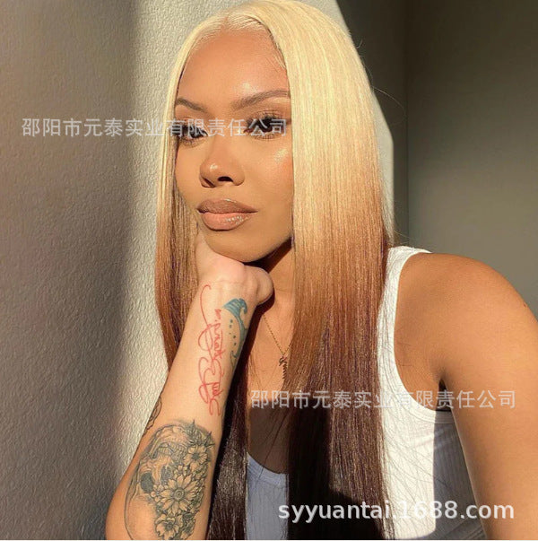 gold Brown Gradient Highlight Synthetic Wig Cross-Border Europe and America Blonde Ombre 13*4 Lace Front