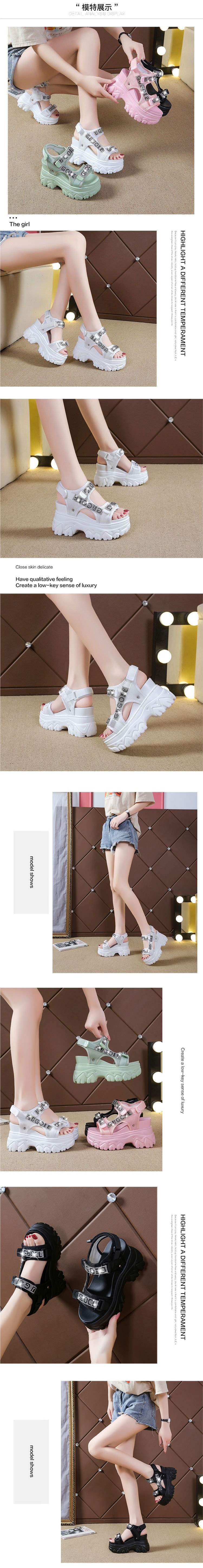 Women's Hidden Heel Sports Peep Toe Wedge Thick Sole Sandals2025Summer new style white rhinestone Velcro Roman shoes