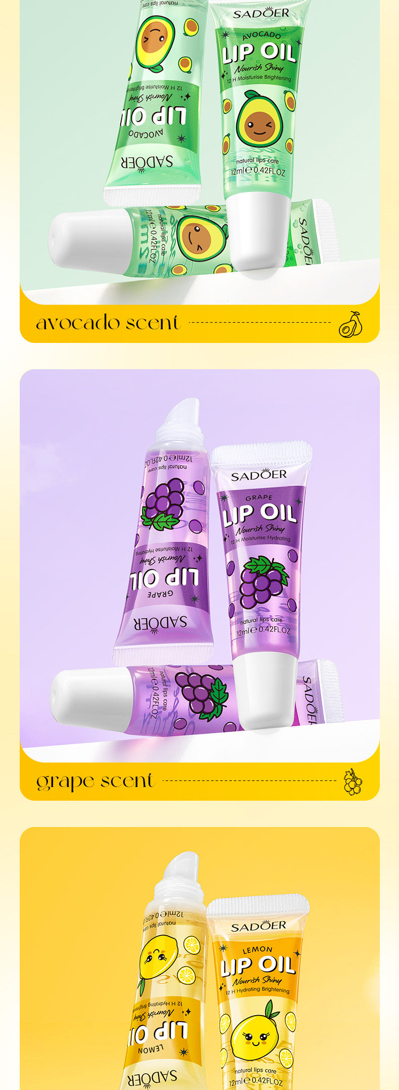 Moisturizing and Glossy Lip Oil Set SADOER Avocado Grape Lemon Lip Balm Cross-Border Wholesale