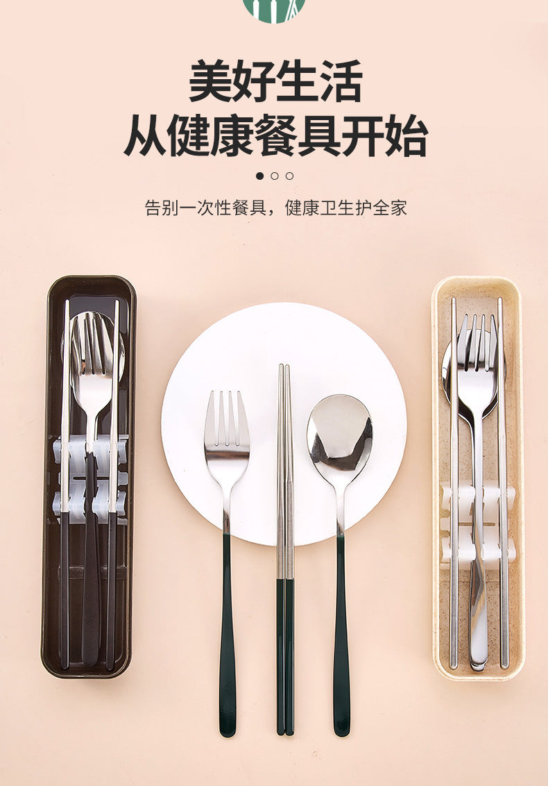 Stainless Steel Korean Portable Tableware Set Spoon Fork Chopsticks Three-Piece Set Student Travel Internet Celebrity Tableware